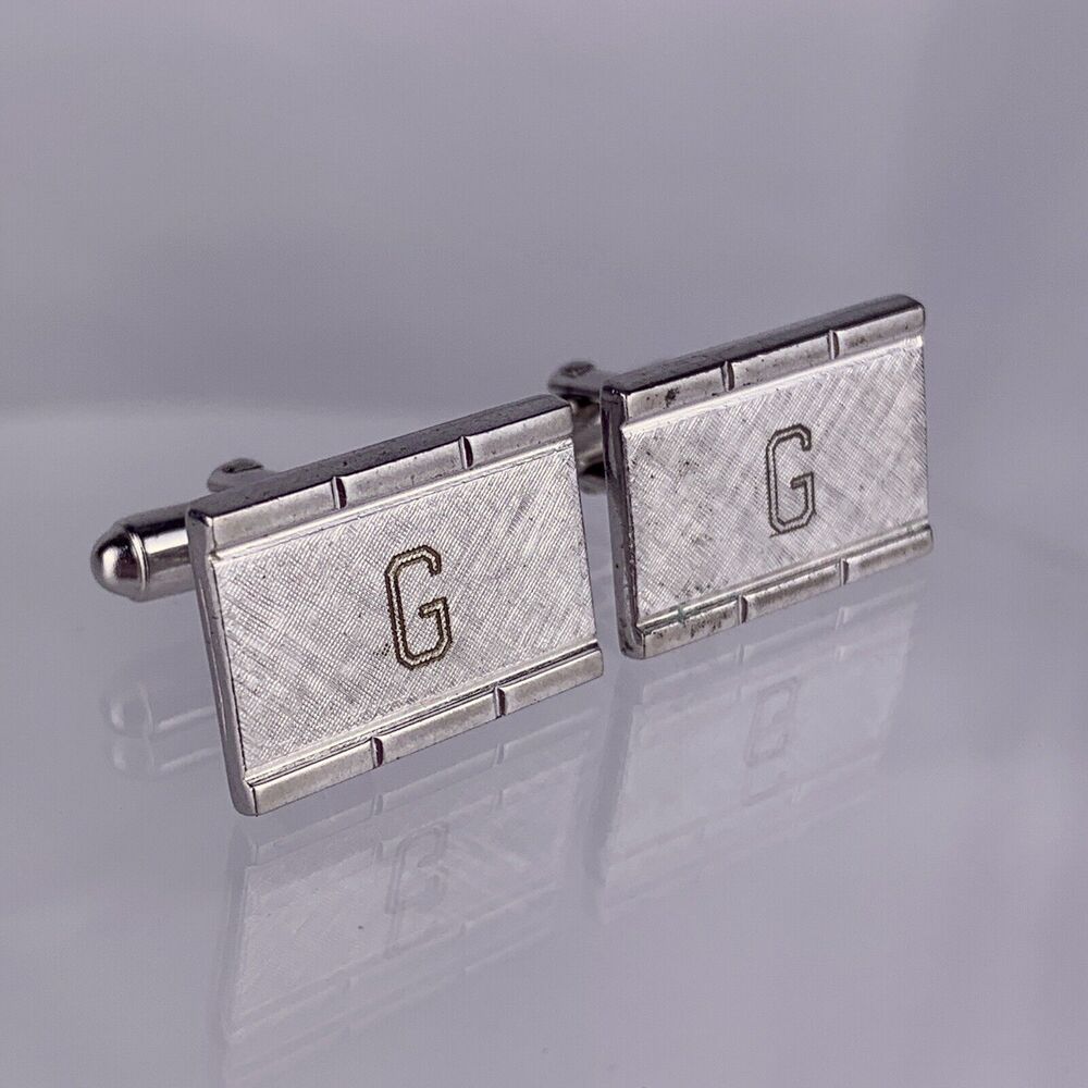 G Initial Monogram Cufflinks Block Letter Silver Tone Textured Anson Vintage K1